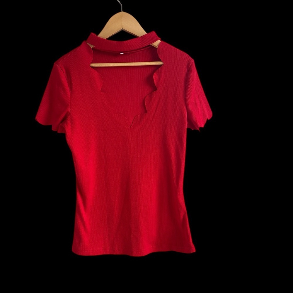 Red Scalloped Neck Women's Top